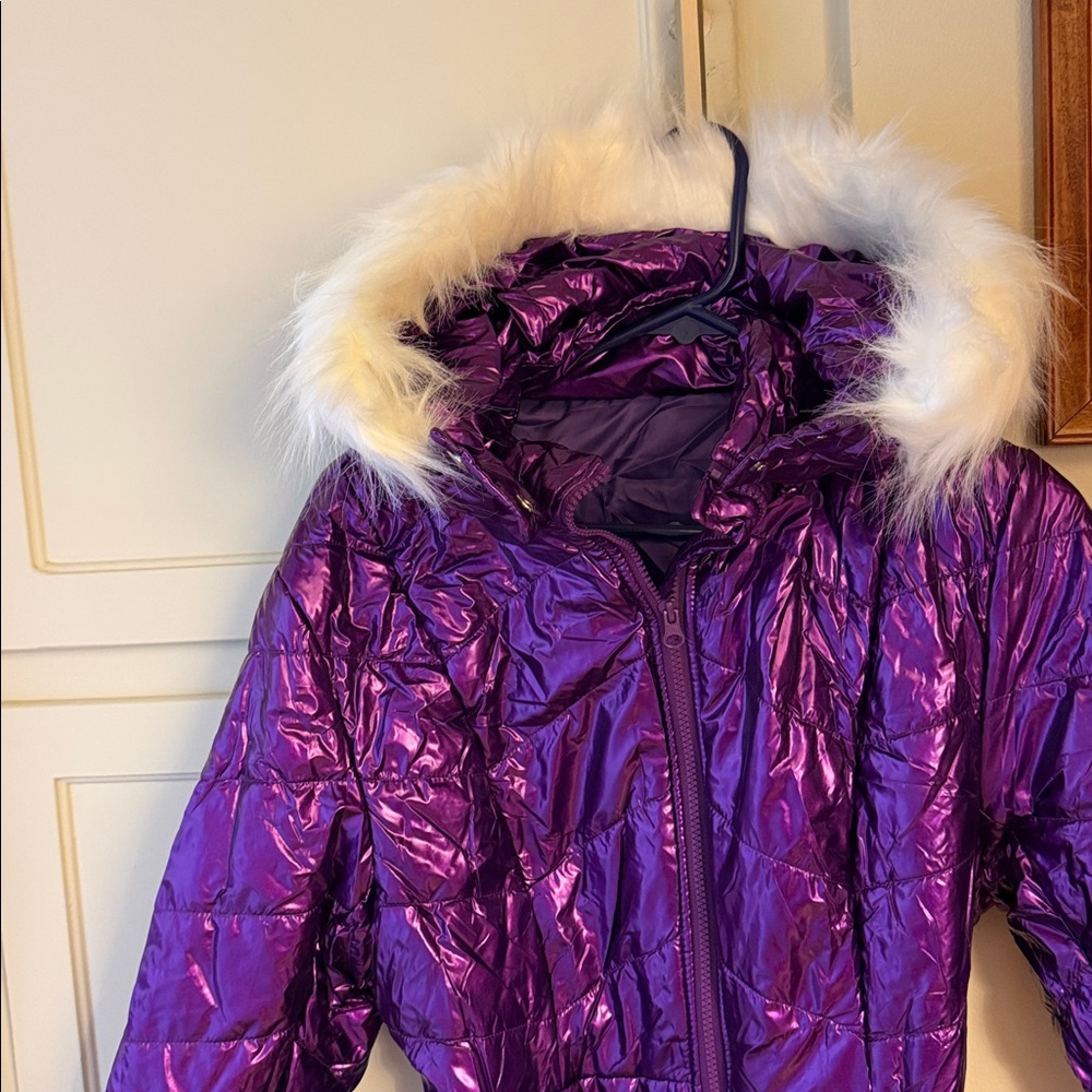 Shiny Metallic Purple Hooded Puffer Coat with Faux Fur Trim